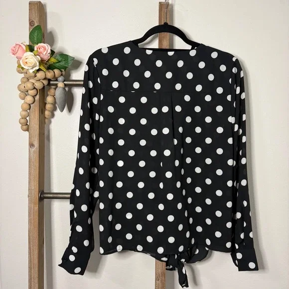 Popsugar Black White Polka Dot V Neck Tie Front Long Sleeve Blouse Size Large - Picture 5 of 10